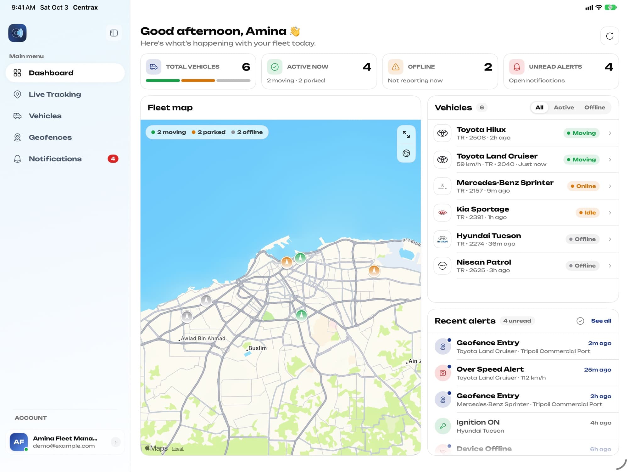 Centrax vehicle tracking and security interface